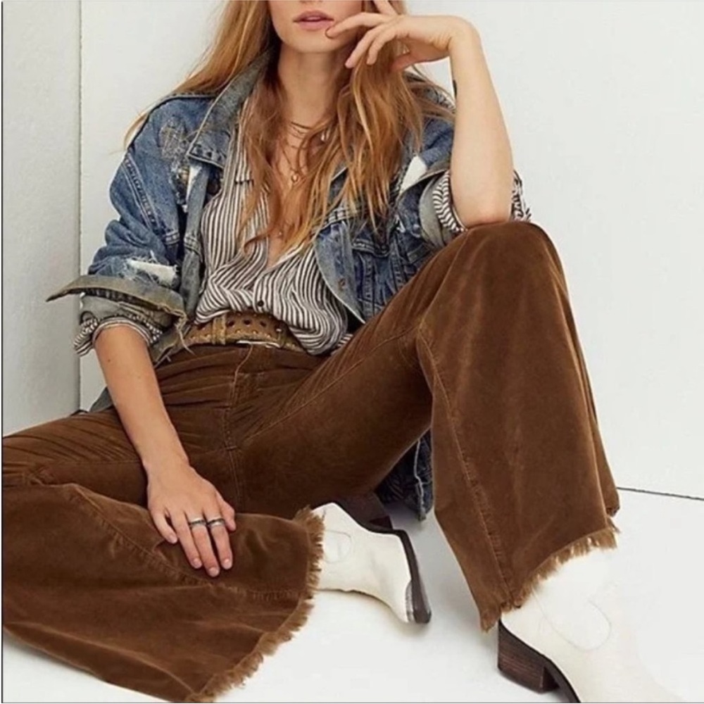 Free People Chocolate Corduroy Wide Leg Pants Relaxed Fit